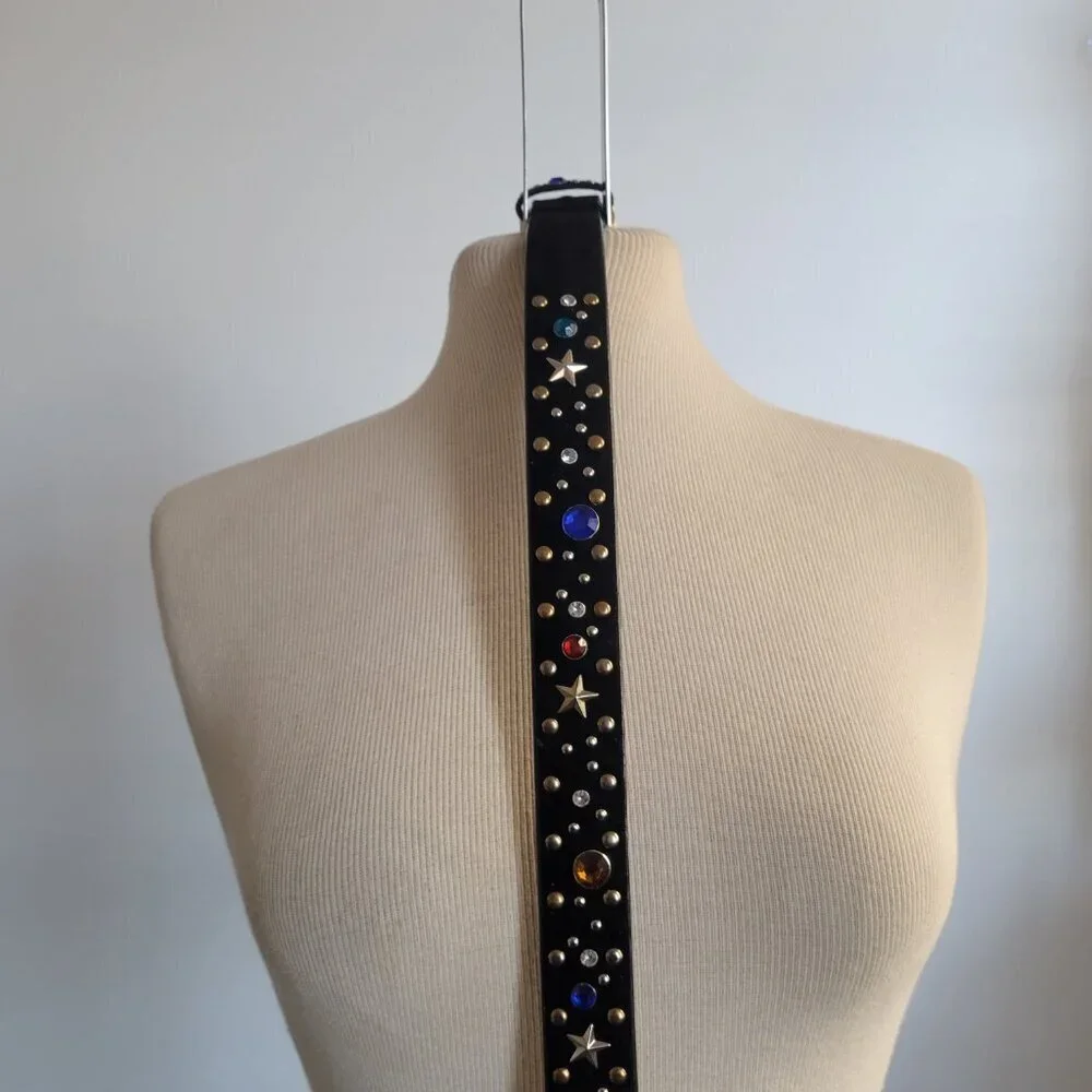 Rhinestone Star-Studded Black Velvet Metal Disco Glam Rocker Belt (Size: S/M)
